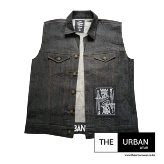 Sleeveless Demin Jacket - Black - King Card Print