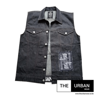 Sleeveless Demin Jacket - Navy Blue - King Card Print
